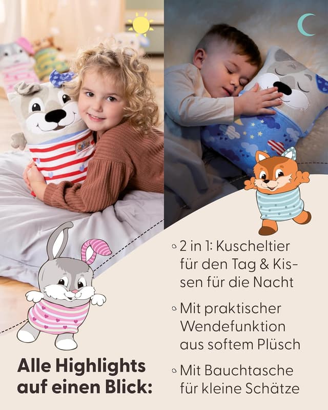 Detalle 2 de NICI Cosidoo Kuscheltier Hund mit Wendefunktion 30x20 cm, grau (62291) – weiches Plüschtier zum Kuscheln & Spielen