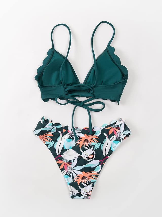 Detalle de CUPSHE Maillot de bain bikini femme festonné col en V à lacets taille basse