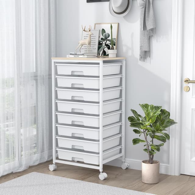 Detalle de SYKIARIOL 8-Drawer Storage Trolley with Lockable Wheels and Plastic Drawers (Nature White)