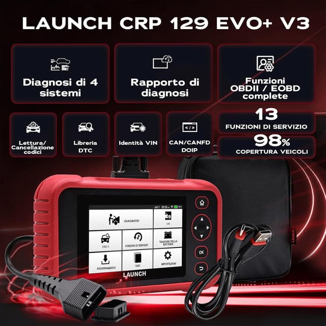 Detalle de LAUNCH CRP129 Evo+ V3.0 Auto Diagnosi con reset e 4 sistemi (ABS, SRS, trasmissione, motore) OBD2, Wi‑Fi, Italiano