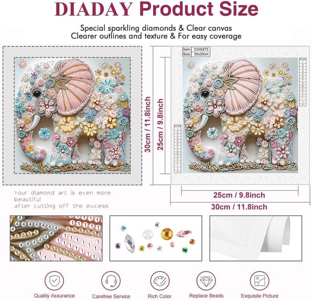Detalle de DIADAY DIY Elephant 5D Diamond Painting Kit (Special Shape) – 12 x 12 Inch Crystal Rhinestones Set