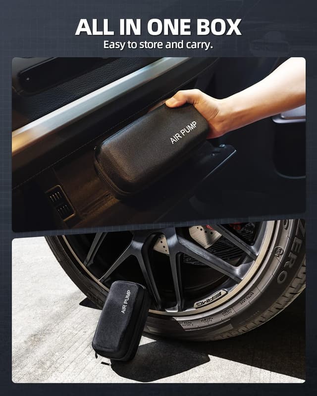 Detalle 2 de Portable Tire Inflator Air Compressor (150 PSI) with Digital Gauge, LED Light, 12V Car Adapter & Storage Box