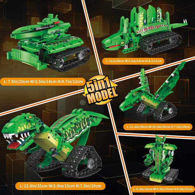 Detalle de AKWME 5-in-1 Technik-Roboter-Dinosaurier Baukasten mit App & 2,4-GHz-Fernbedienung (DIY STEM, programmierbar)