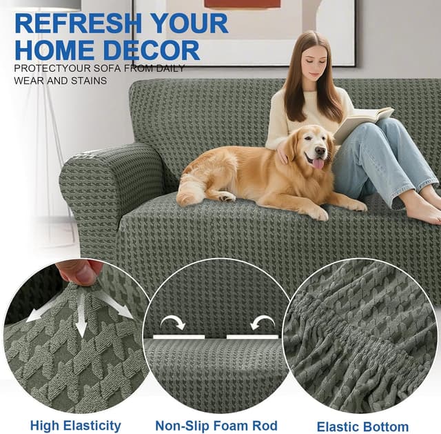 Detalle de YSTELLAA Noël Housse Canapé 2 Places extensible avec accoudoirs, antidérapante et lavable (vert militaire)