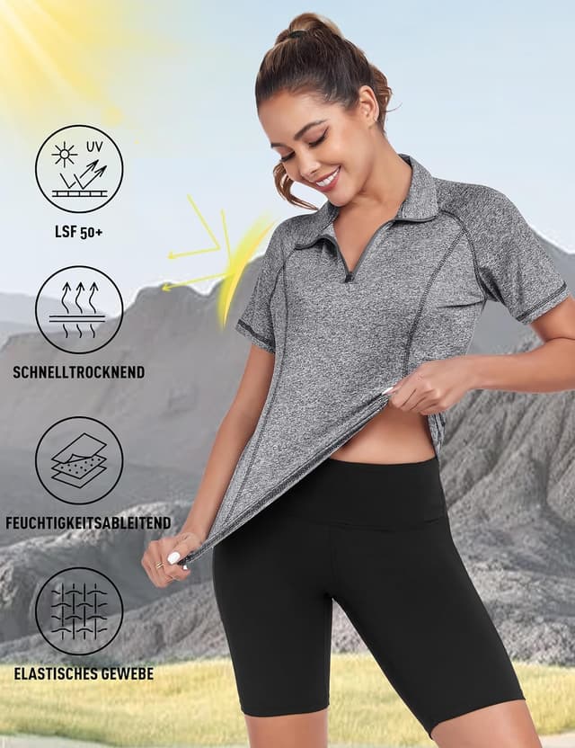 Detalle 2 de DUVOWE Sportshirt Damen Kurzarm mit 1/4 Reißverschluss – Funktions-T-Shirt für Gym, Workout & Laufen