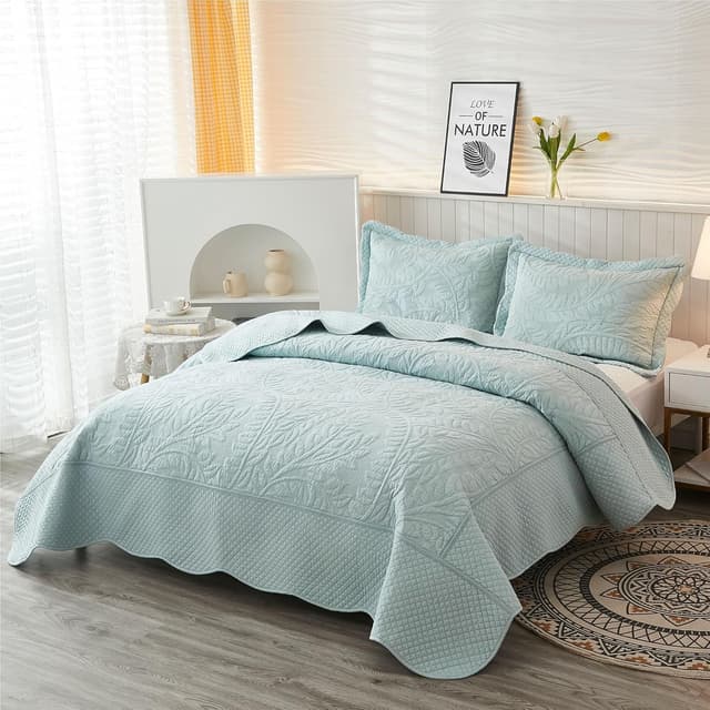 Detalle de MarCielo 3-Piece 100% Cotton Oversized Bedspread Quilt Coverlet Set (Aruba Blue) — Oversized King
