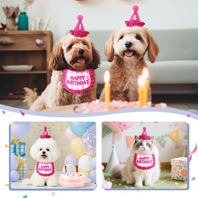 Detalle 2 de La Desire Katzen Geburtstag Outfit Set (Bandana & Hut, 0–9 Zahlen) inkl. Plüsch-Torte und hängendem Katzenspielzeug mit Katzenminze – Rosa