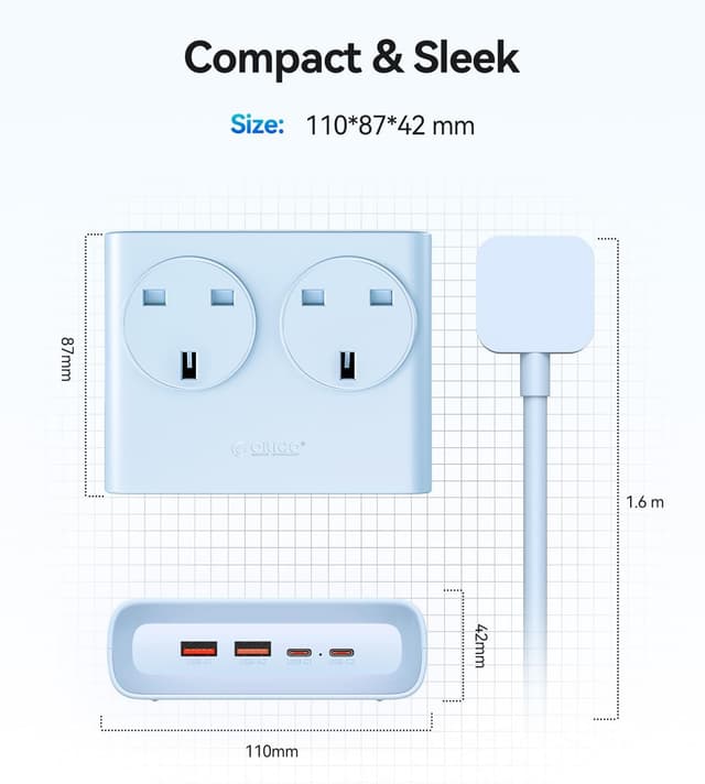 Thumbnail 6 de ORICO PD 20W Extension Lead with USB Slots (2 AC sockets, 2 USB-C, 2 USB-A) – 1.6m desk power strip