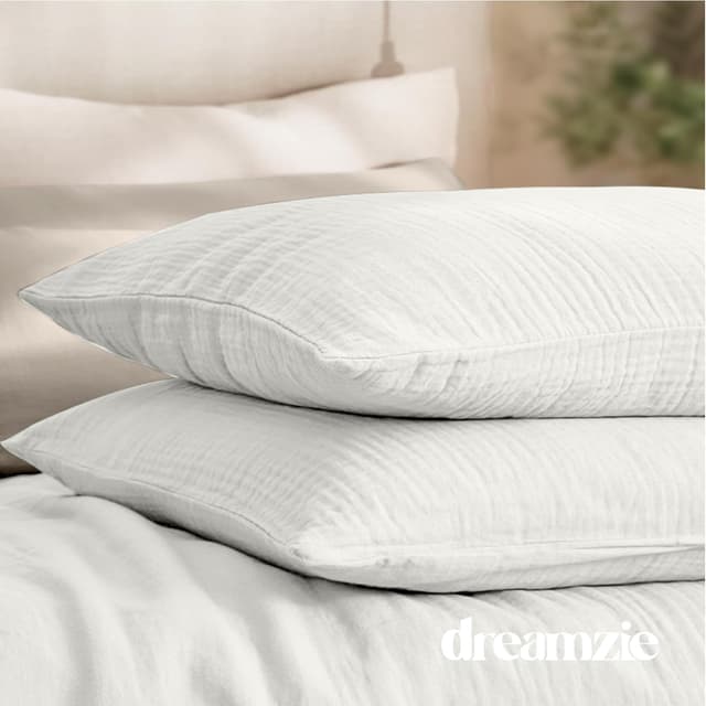 Detalle 2 de Dreamzie Musselin-Bettwäsche 220x240 cm (100% Baumwolle) mit 1 Bettbezug & 2 Kissenbezügen 80x80 cm – Oeko-Tex, Reißverschluss, Weiß