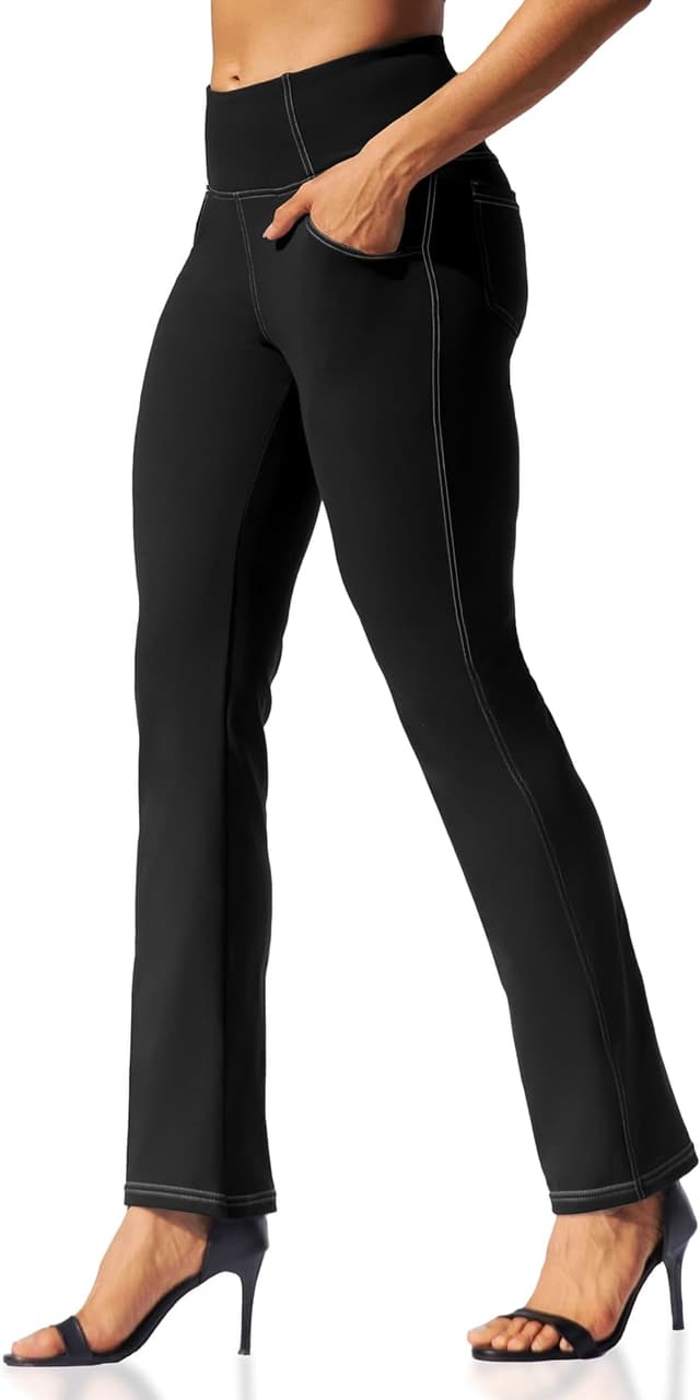 Detalle de VOOVEEYA Women’s Straight-Leg Leggings with Pockets (High Waisted Tummy Control, Bootcut Yoga Pants)