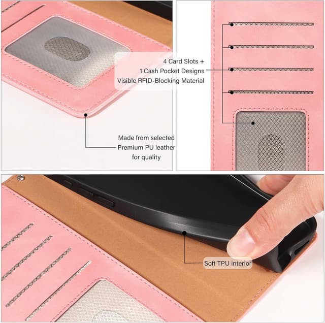 Thumbnail 6 de GOTOURED for Pixel 9a Case Wallet with RFID blocking, 4 card slots & detachable wrist strap (Pink)
