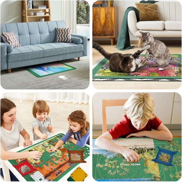 Detalle de MOZOOSON faltbares Puzzlebrett für bis zu 1500 Teile – Tragbare Puzzlematte mit Staubschutz & 8 Sortierern