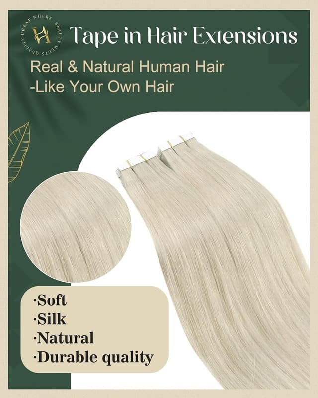 Detalle 2 de Ugeat Tape-in Extensions Echthaar Blond (Platinblond) 55 cm, 50 g, 20 Stück – Remy, flache Tape-Strips