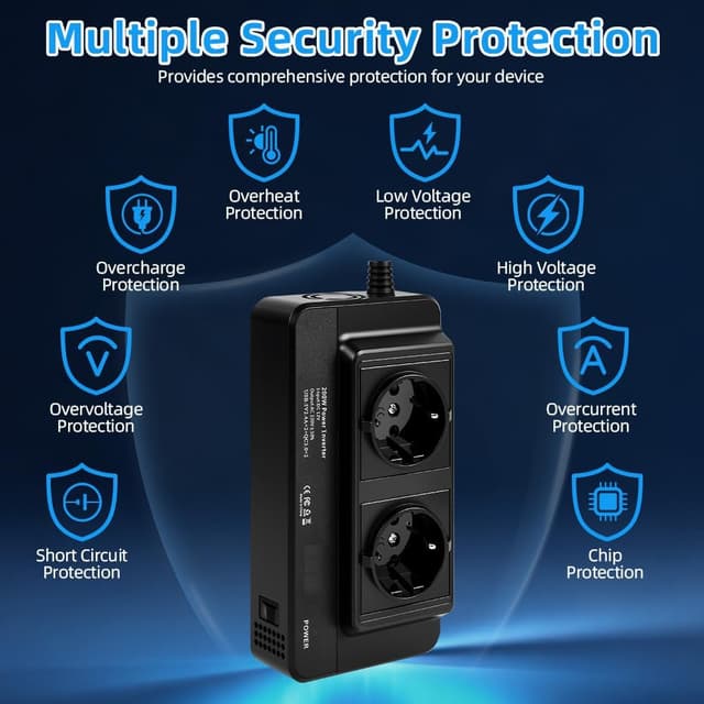 Detalle de URAQT Convertisseur 12V CC vers 230V CA 200W pour voiture avec 2 prises AC et 4 ports USB (QC 3.0)