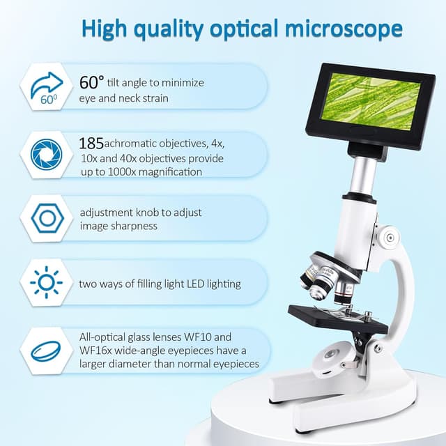 Detalle 2 de Herwicm Microscope 40X–2500X with 4.3-Inch HD Display, LED Fill Light, and Starter Lab Kit (White)