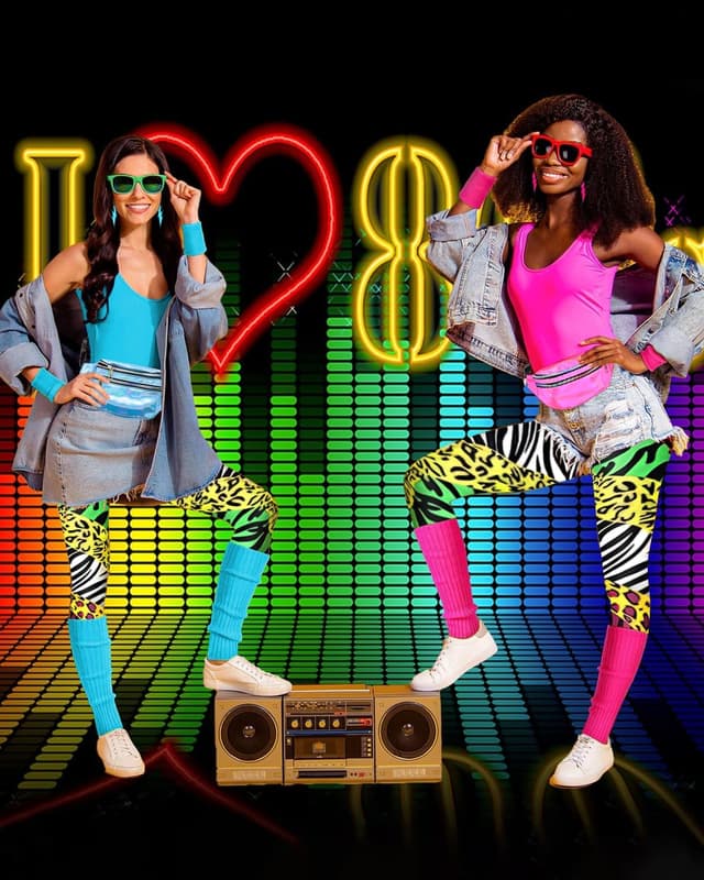 Detalle 2 de BIQIQI 80s Costume Accessories Set (swimwear, leggings, leg warmers, headband & more) for girls and women