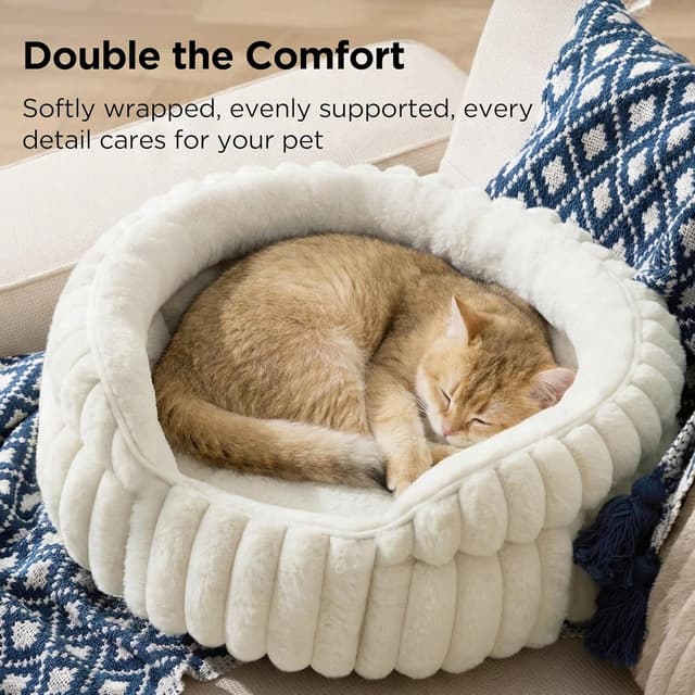 Detalle 2 de Bedsure Cat Bed Washable Kitten Bed 51x51cm Corduroy Fleece Round Semi-Enclosed with Non-Slip Base