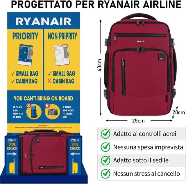 Detalle 2 de ECOHUB Zaino Ryanair 40x20x25 (20 L) in PET riciclato, bagaglio a mano brecciato sotto-sedile