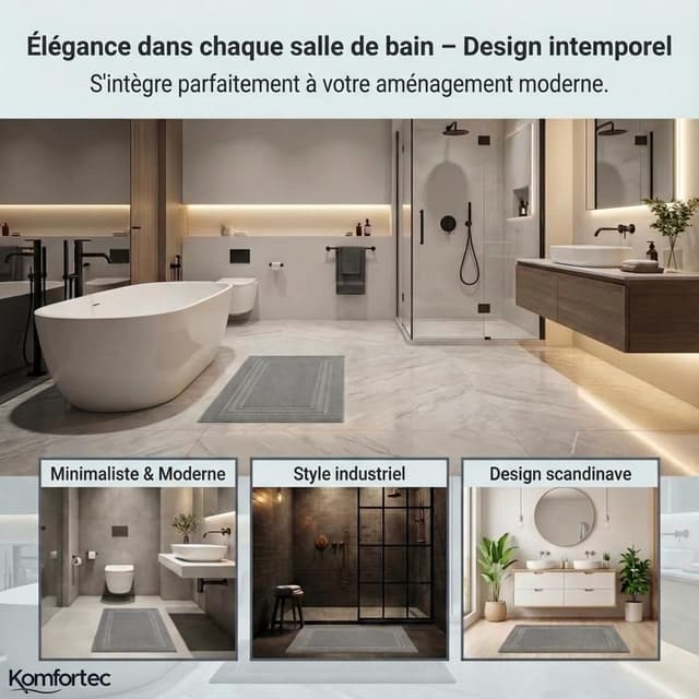 Detalle de Komfortec Lot de 2 tapis de bain en coton éponge gris 50 x 70 cm
