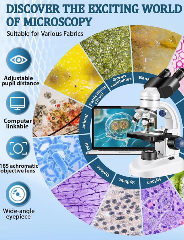 Detalle de Woehrsh WF10x & WF25x Microscope with USB Camera (40X–2000X) for Adults, Lab/School/Home Education (White)