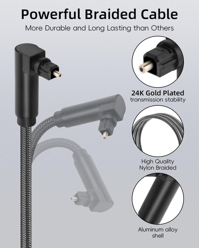 Detalle 2 de GELRHONR 90-Grad optisches Audiokabel (Toslink) für Soundbar, TV & Heimkino – rechtwinklig, 3 m