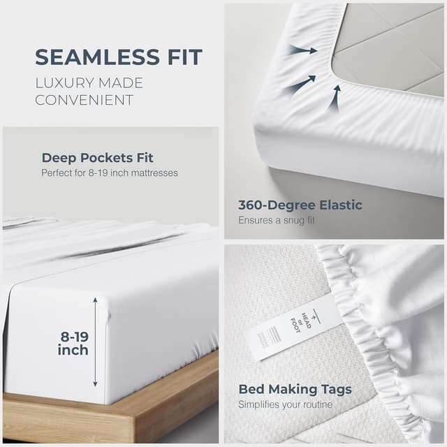 Detalle de Thread Spread 1500 Series 100% Egyptian Cotton King Sheet Set (4-Piece) — White, 17" Deep Pocket