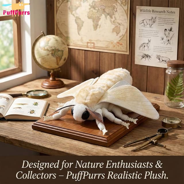 Detalle de PuffPurrs Silk Moth Plush (13in Rounded Body) – realistic soft insect toy for nature learning