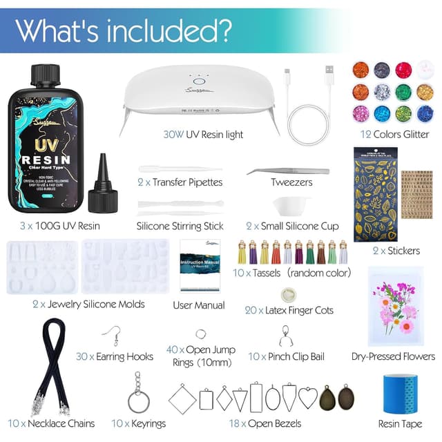 Detalle de Suzzam UV Resin Set mit 30W UV-Lampe – 300 g kristallklares UV-Harz für Schmuck & Deko (DIY-Set)