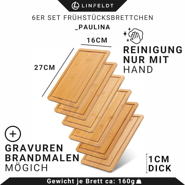 Detalle de LINFELDT 6er-Set Bambus-Frühstücksbrettchen mit Saftrille (27 x 16 x 1 cm)