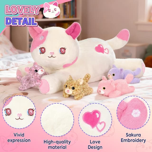 Detalle de shownicer Plüschtier Katzen-Familie: 5-teiliger Plüsch (Katze Mama + Vier Kätzchen) in Rosa