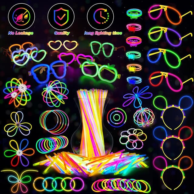 Detalle 2 de SHQDD Glow-in-the-Dark Party Favors Bundle (LED & Glow Sticks), 27 Carnival Accessories + 100 Glow Sticks