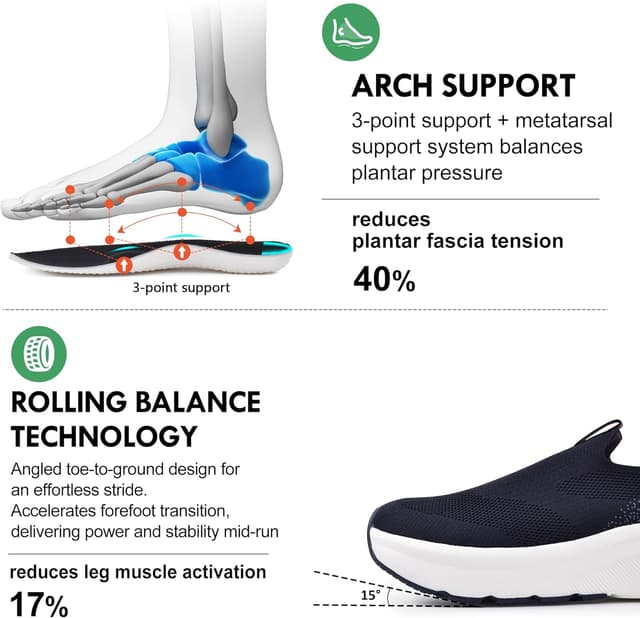 Detalle de JACKSHIBO men’s slip-on trainers with wide toe box, arch support & zero drop sole