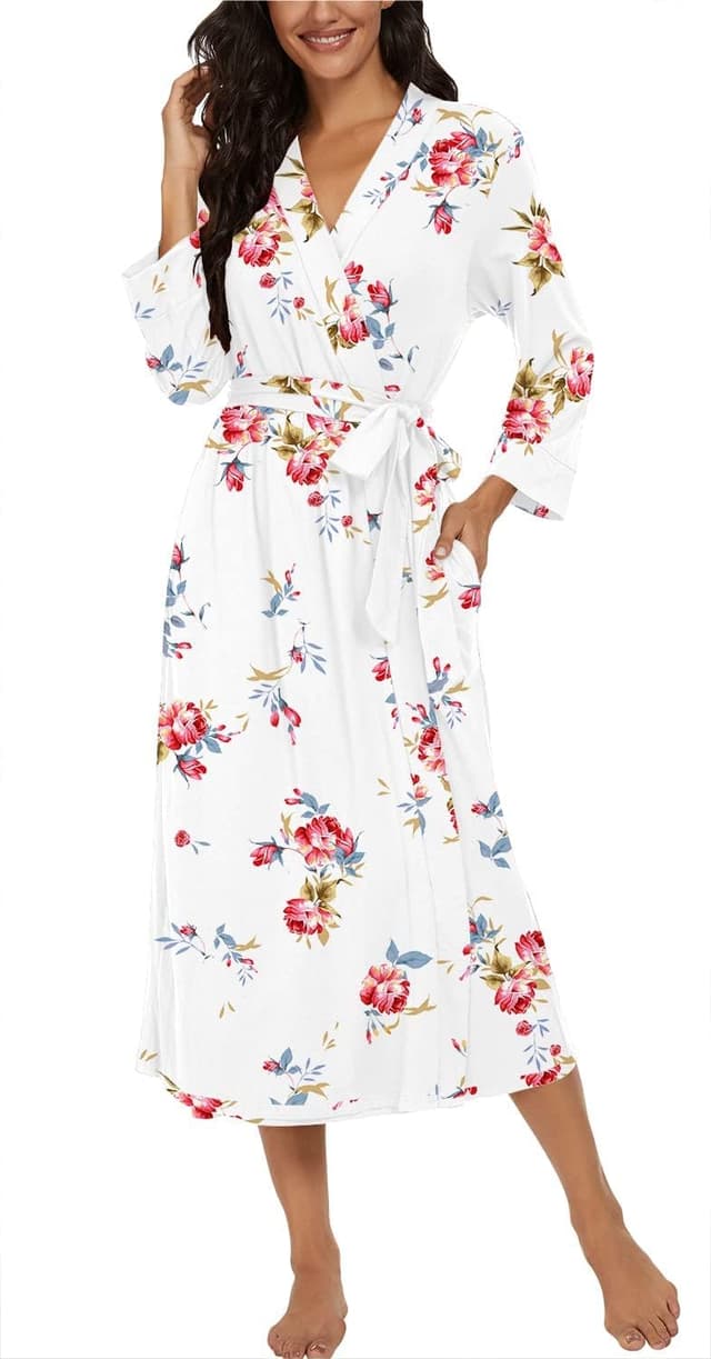 Detalle de PrinStory Women Long/Short Knit Kimono Bathrobe Dressing Gown with Pockets and Adjustable Sash