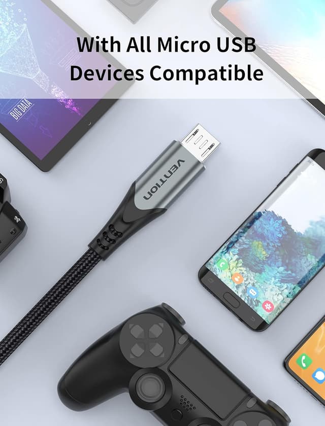 Detalle 2 de VENTION 2m Nylon Braided Micro USB Charger Cable for Kindle Fire, Tablets, PS4 & Xbox Controllers