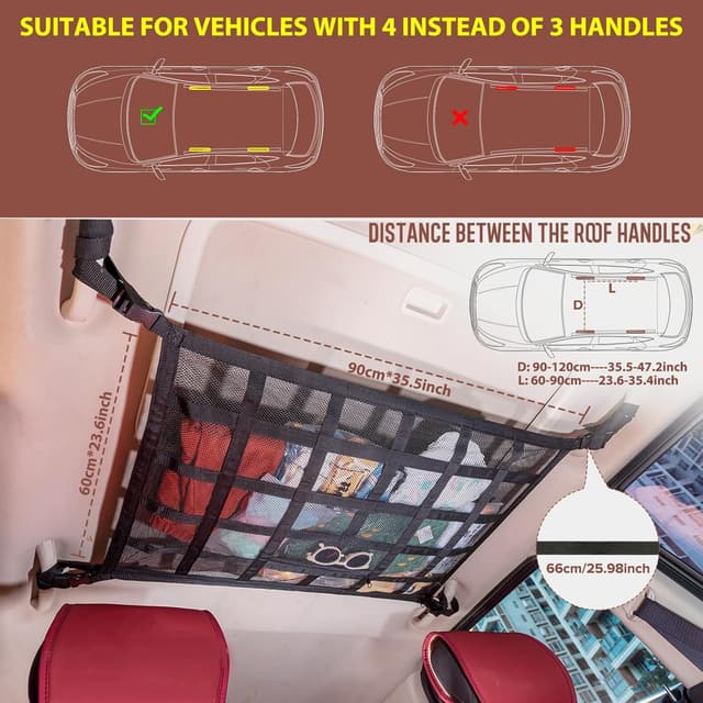 Detalle de Kaskawise SUV Car Ceiling Cargo Net Pocket (35.4" x 23.6") for Four-Handle Vehicles