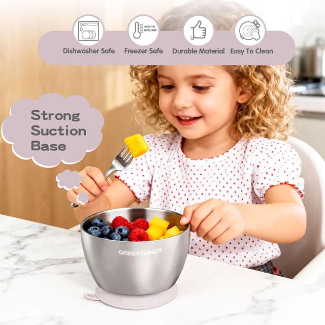 Detalle de Greentainer 304 Stainless Steel Baby Bowl Set (Pink) – Double-wall insulated toddler bowls with removable silicone suction base