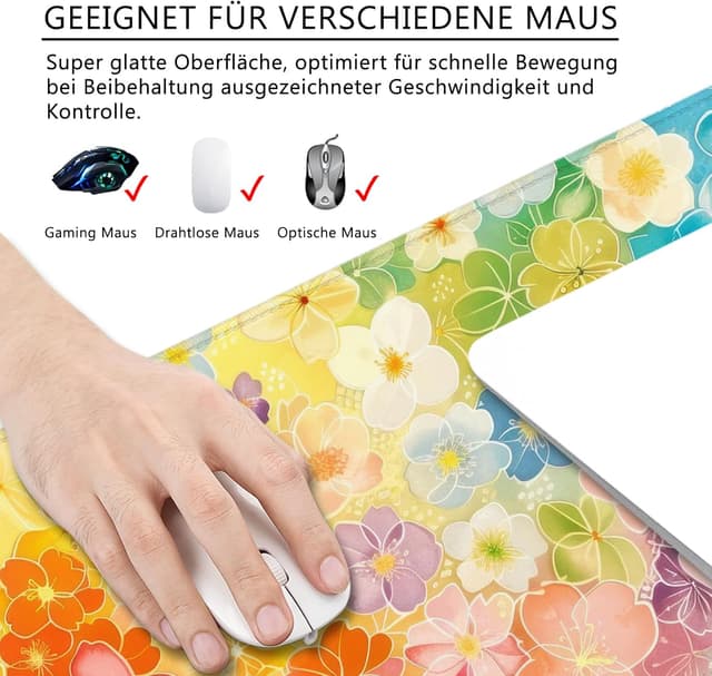 Detalle de Tappetino per mouse a forma di fiore XL 80x30 cm giallo per gaming e ufficio (fiori colorati)