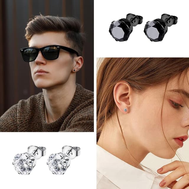 Detalle de BVLAGIDA – Lot de 12 paires de boucles d’oreilles pour homme en acier inoxydable (clous, noir/argent/or)