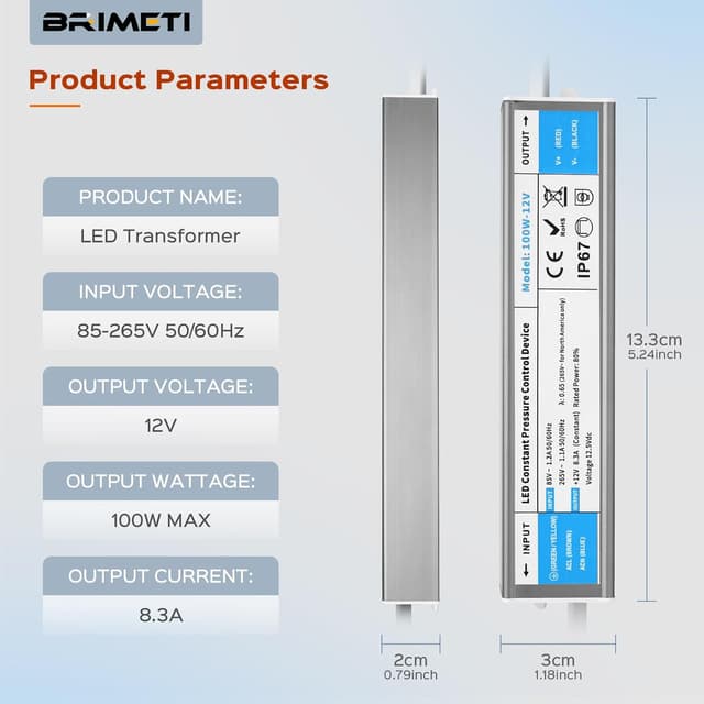 Detalle de BRIMETI Transformador 220V a 12V 100W IP67 para Tiras LED
