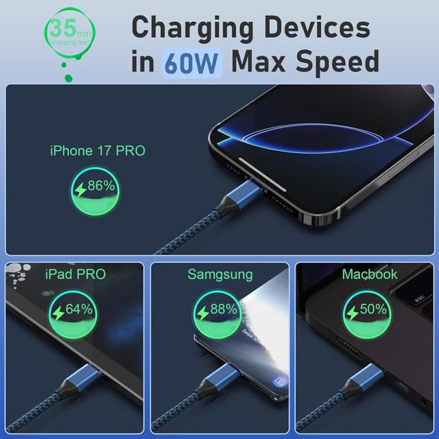 Thumbnail 5 de USB C Charger Cable 3Pack 6FT 60W ⚡