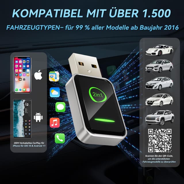 Detalle 2 de Hiloshine Wireless CarPlay Adapter & Android Auto Wireless Adapter (Plug & Play) – 2-in-1, mini, mit Auto-Reconnect für Autos ab 2016