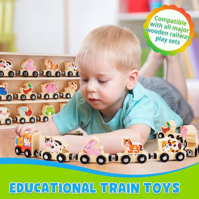 Detalle de Montessori Wooden Train Toy with 12 Magnetic Animals & Game Map (for ages 1–3) in a storage box