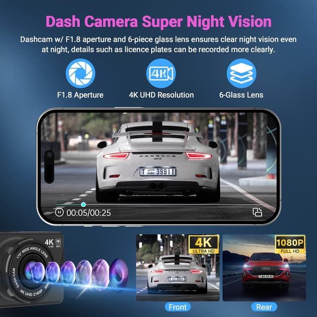 Thumbnail 3 de 4K Dash Cam Front and Rear with 64GB Card
