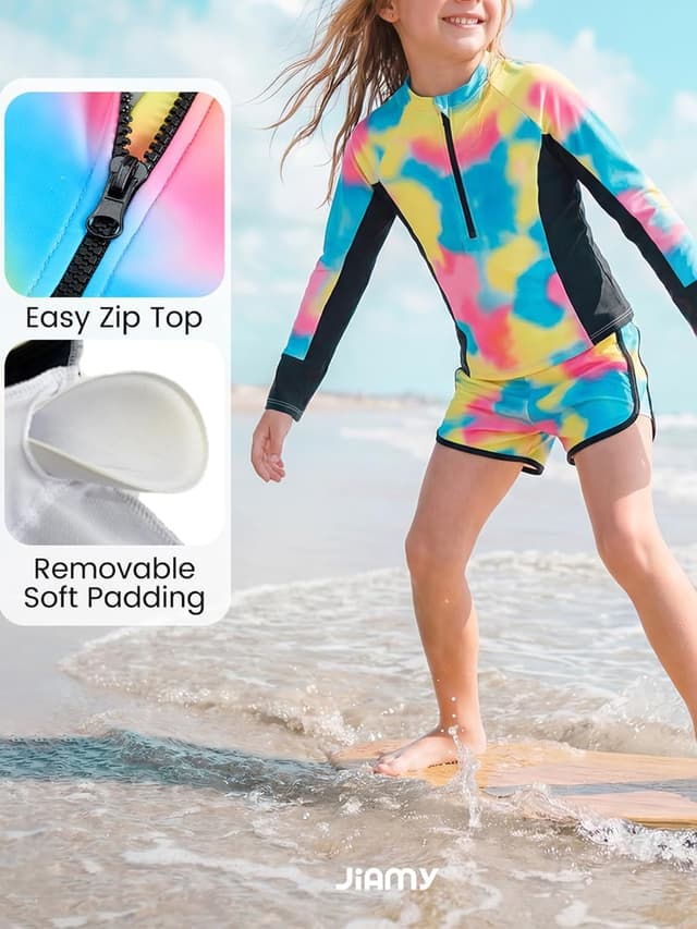 Detalle de JiAmy Mädchen Badeanzug Zweiteiler Set mit Langarm-UV-Schwimmshirt und Badehose (Gr. 122-152)