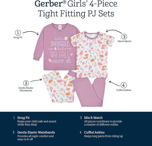 Detalle de Pyjamas Gerber 4 pièces pour bébé fille – ajustement confortable