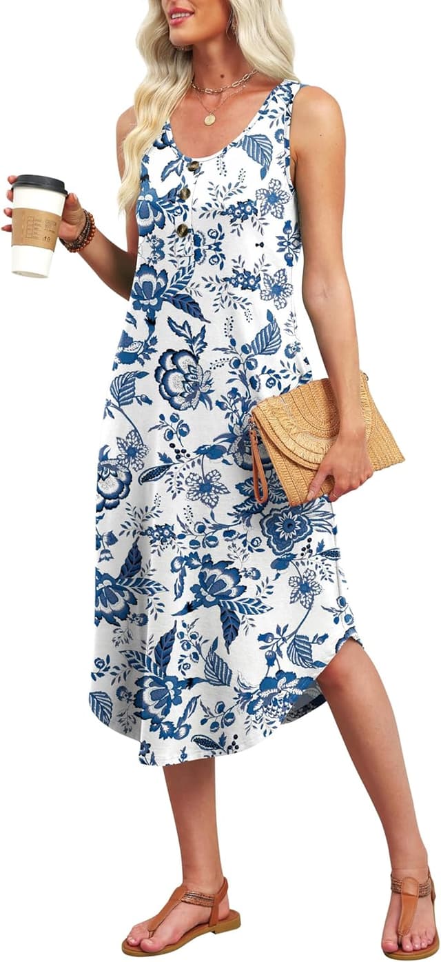 Detalle de WIHOLL Button-Front Sleeveless Midi Dress for Women (with Pockets) — Summer Casual & Vacation Styles