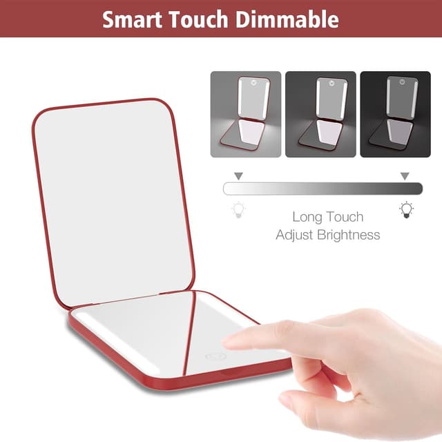 Detalle 1 de Kintion Rechargeable Pocket Mirror (1X/3X) with 3 Color Lights, Dimmable, Wine Red