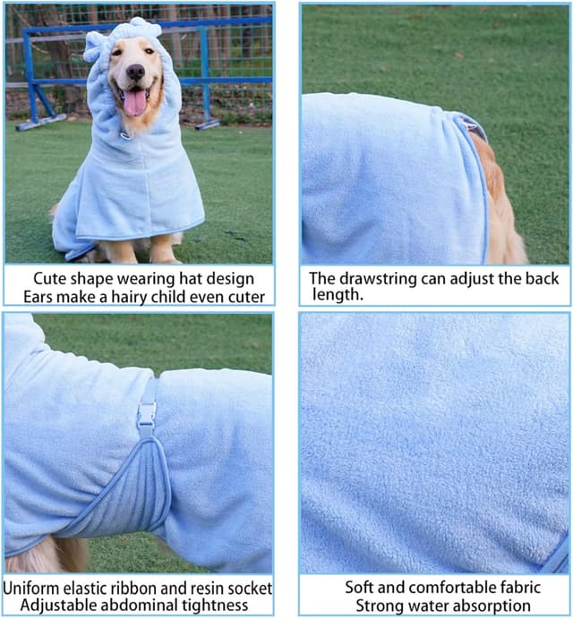 Detalle de BT Bear Dog Bathrobe Microfibre Dog Drying Coat Hooded Towel (Blue, M)