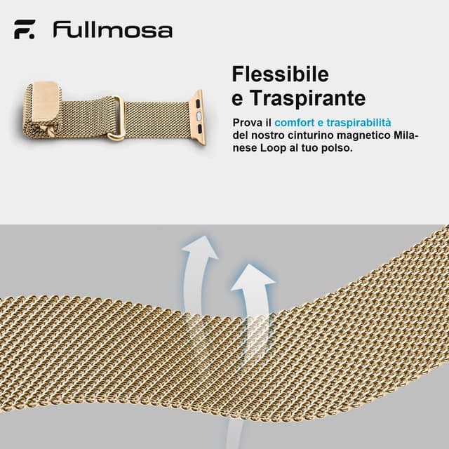 Detalle 2 de Fullmosa cinturino in metallo Milanese compatibile con Apple Watch 44/45/46/42/49 mm (oro)