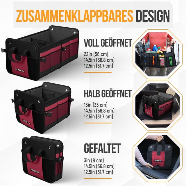 Thumbnail 6 de FORTEM Kofferraum Organizer (rot, groß) – zusammenklappbare Kofferraumtasche mit Fächern